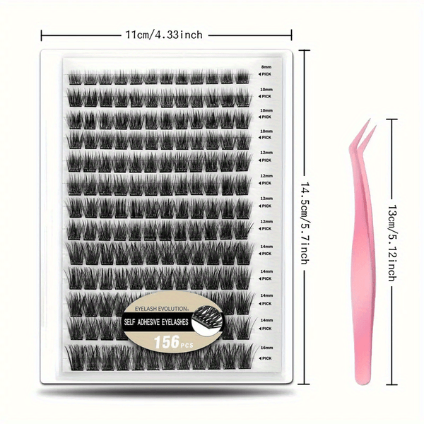 156pcs Fluffy/Volume Self-adhesive 8-16mm Mixed Lengths Lash Clusters with Tweezers