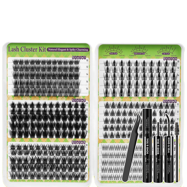 350pcs Wispy/Manga/Fluffy/Volume/Spiky 8-16mm Mixed Lengths Lash Clusters with Bond Seal, Tweezer & Brush