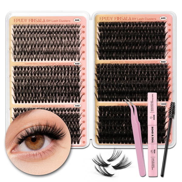 708pcs Fluffy/Volume 8-16mm Mixed Lengths Lash Clusters with Bond Seal, Tweezer & Brush