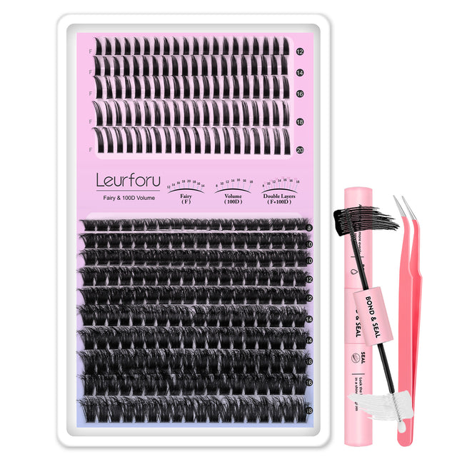 3D FLuffy 100D Lash Clusters Kit with 180PCS 8-18mm Mixed Lengths and 100PCS 12-20mm Fairy Lashes