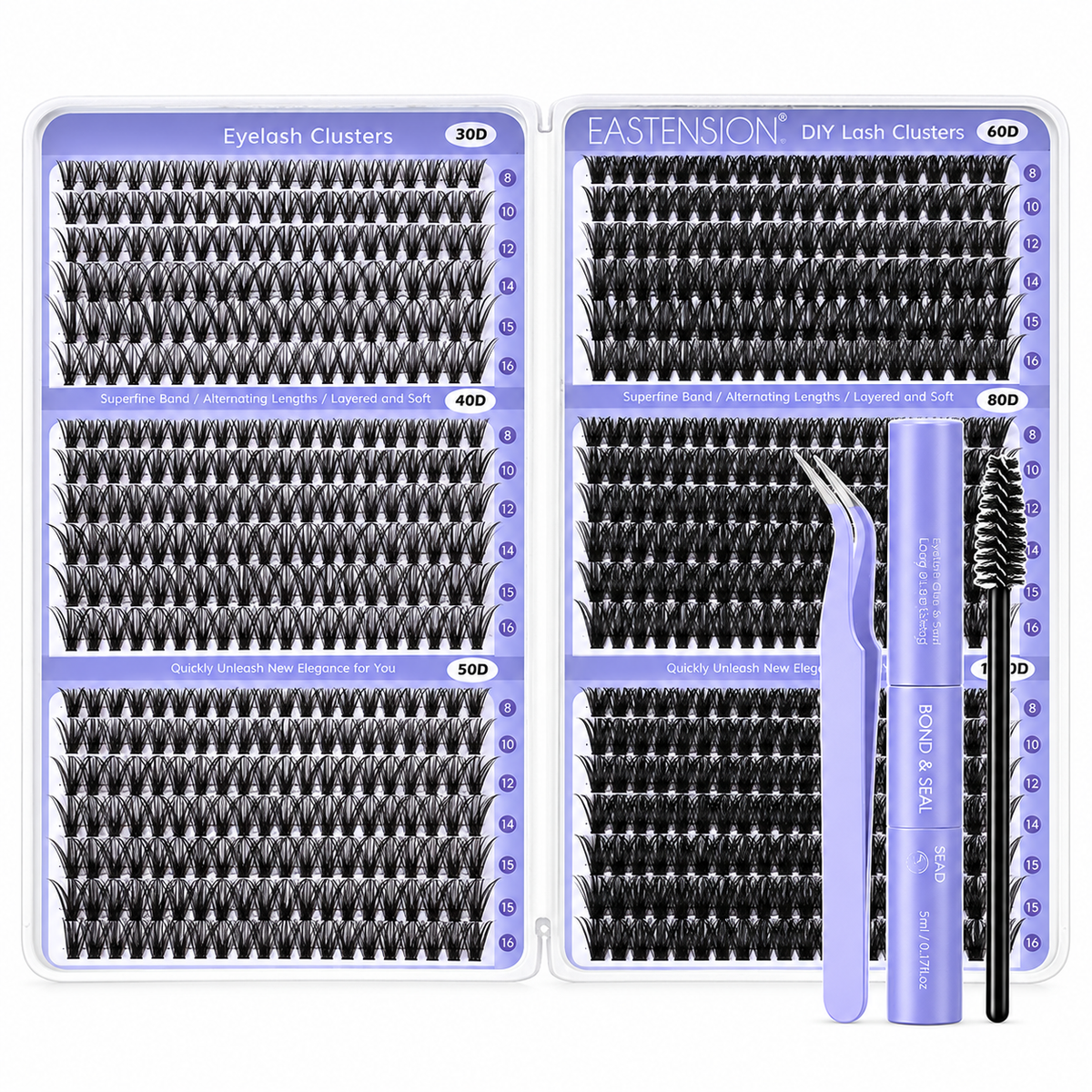 708PCS Fluffy 8-16mm Mixed Lengths Lash Cluster Extensions with bond and seal