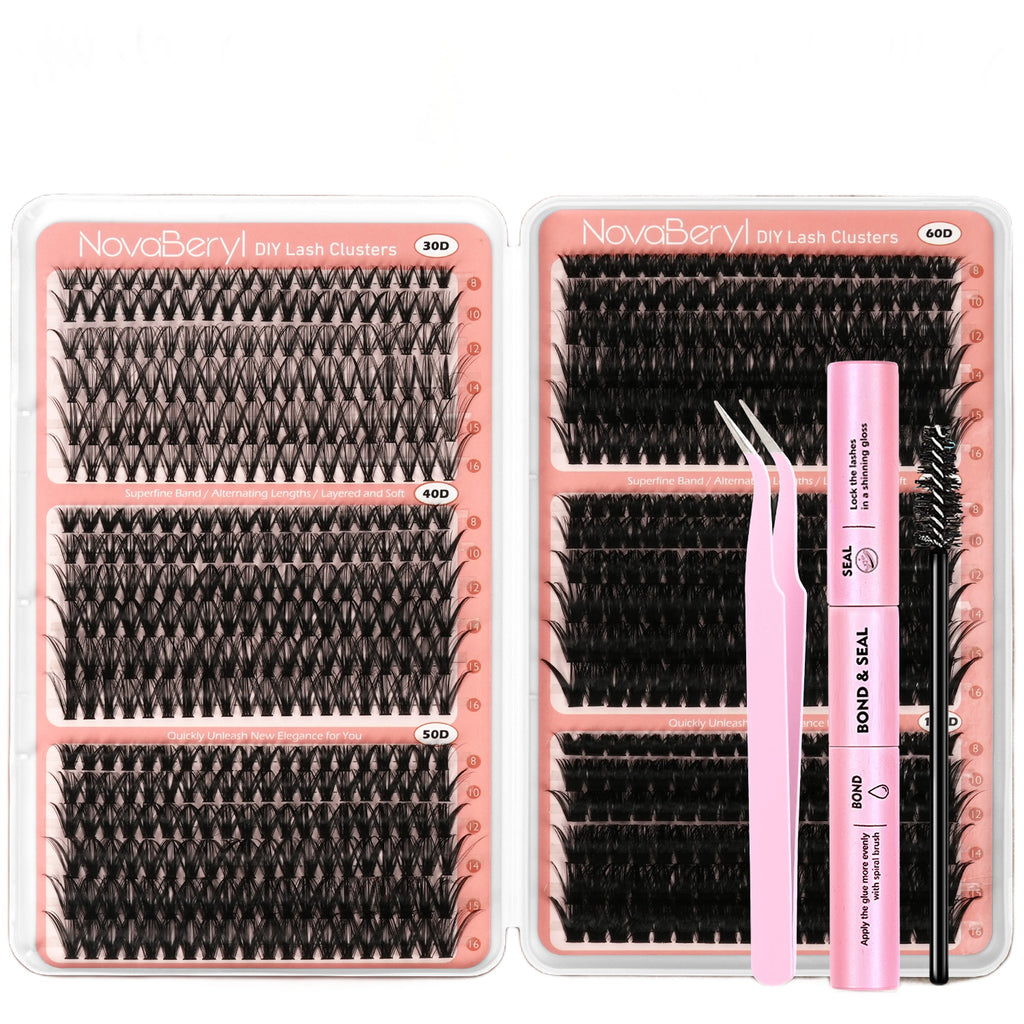 708pcs Fluffy/Volume 8-16mm Mixed Lengths Lash Clusters with Bond Seal, Tweezer & Brush