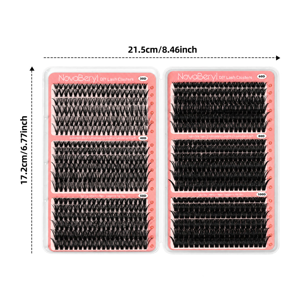 708pcs Fluffy/Volume 8-16mm Mixed Lengths Lash Clusters with Bond Seal, Tweezer & Brush