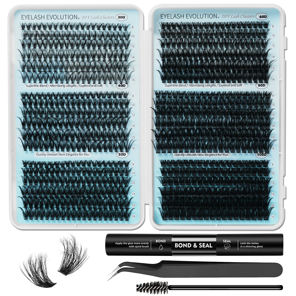708pcs Wispy/Manga/Fluffy/Volume Lash Clusters Kit with 10-16mm Mixed Lengths with Bond Seal, Tweezer & Brush
