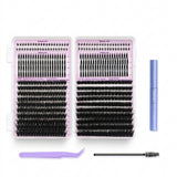 100pcs Fluffy/Spider/Natural Lash Clusters Kit with 10-14mm Mixed Lengths with Bond Seal, Tweezer & Brush