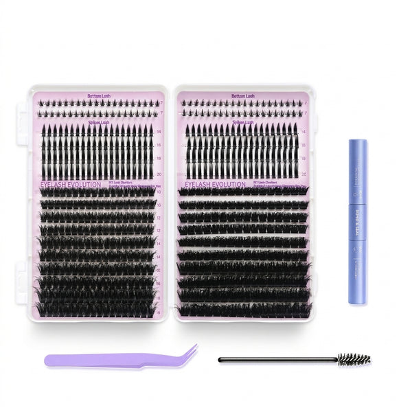 100pcs Fluffy/Spider/Natural Lash Clusters Kit with 10-14mm Mixed Lengths with Bond Seal, Tweezer & Brush