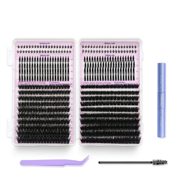 100pcs Fluffy/Spider/Natural Lash Clusters Kit with 10-14mm Mixed Lengths with Bond Seal, Tweezer & Brush