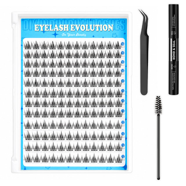 144pcs Natural 10-12mm Mixed Lengths Lash Clusters Kit with Bond Seal, Tweezer and Brush