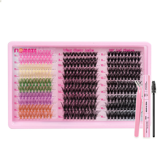 300PCS Colored 8-18mm Mixed Lengths Lash Cluster Extensions with bond and seal