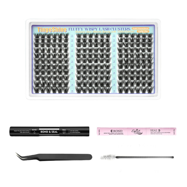 198pcs Fluffy/Volume lashes 8-16mm Mixed Lengths Lash Clusters with Bond Seal, Tweezer & Brush